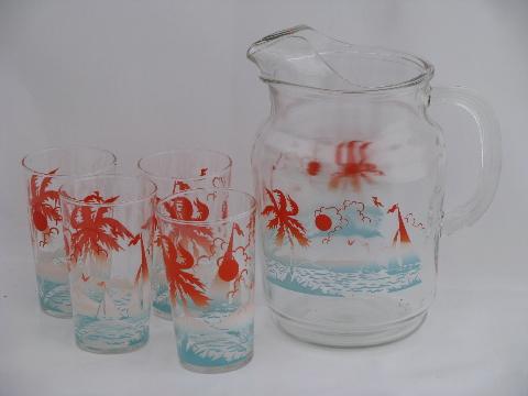 sailboats and palm tree beach swanky swigs vintage glass pitcher and tumblers
