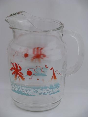 sailboats and palm tree beach swanky swigs vintage glass pitcher and tumblers