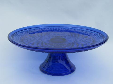 sapphire blue Wexford pattern glass cake stand plate without cover