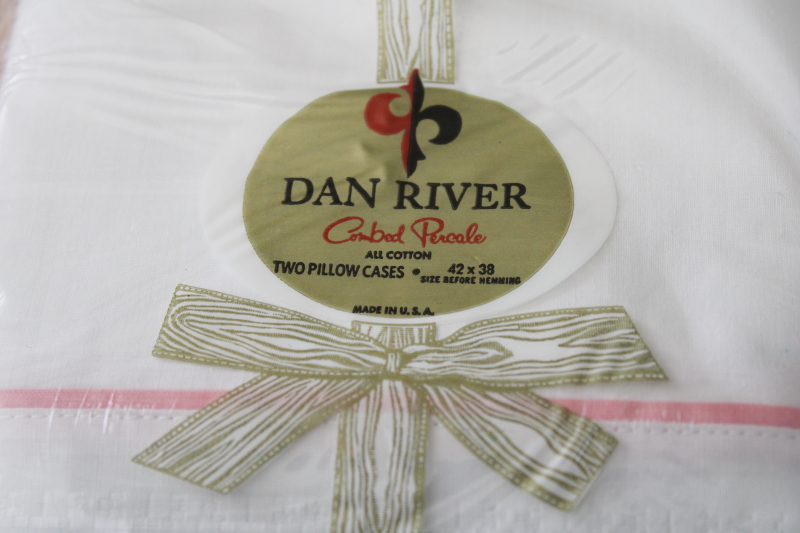 sealed package vintage pillowcases, Dan River all cotton percale w/ pink  green sprig border