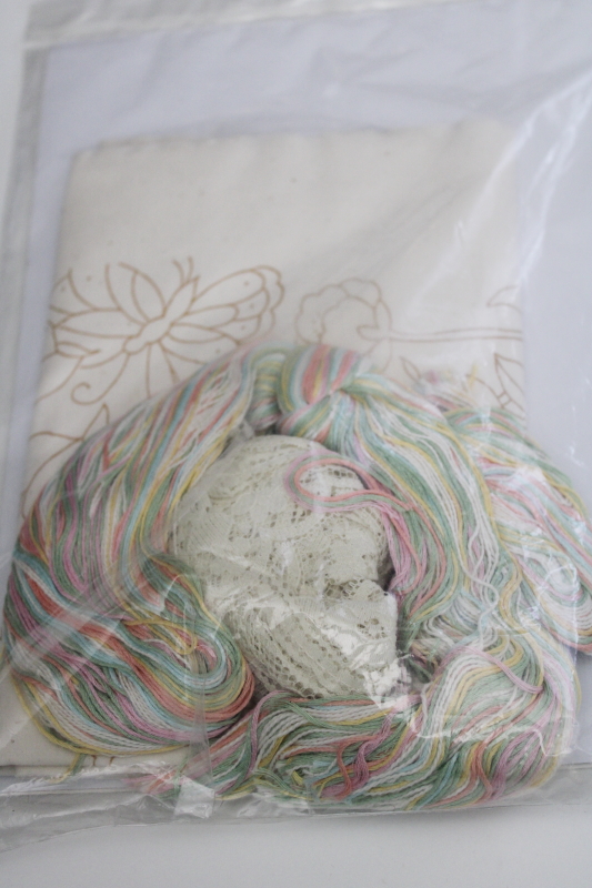 sealed vintage kit candlewick embroidery pillow, butterfly garden pink blue green yellow
