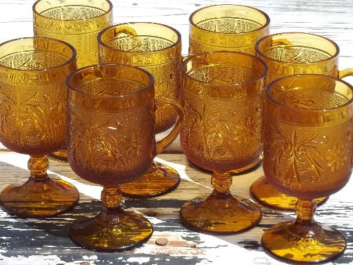 set 8 tall mugs, vintage amber sandwich glass daisy Tiara footed cups