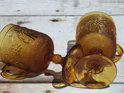 set 8 tall mugs, vintage amber sandwich glass daisy Tiara footed cups