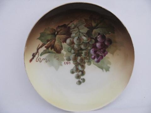 set antique hand-painted Bavaria china plates, purple grapes on amber