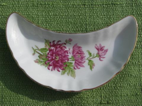 set crescent shape side plates, salad or bone dishes, old floral china