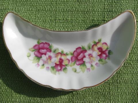 set crescent shape side plates, salad or bone dishes, old floral china