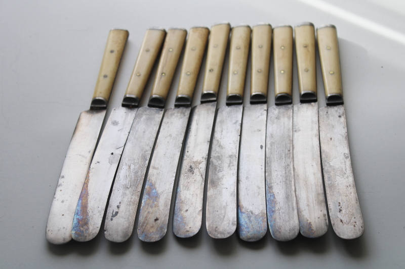 set for 10 antique steel forks  table knives w/ bone handles, 1800s vintage Landers Frary Clark