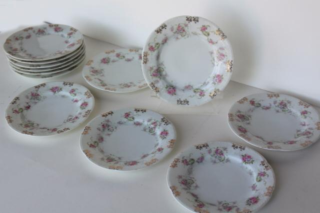 set of 12 antique china dessert plates w/ pink roses floral, Wallender Austria