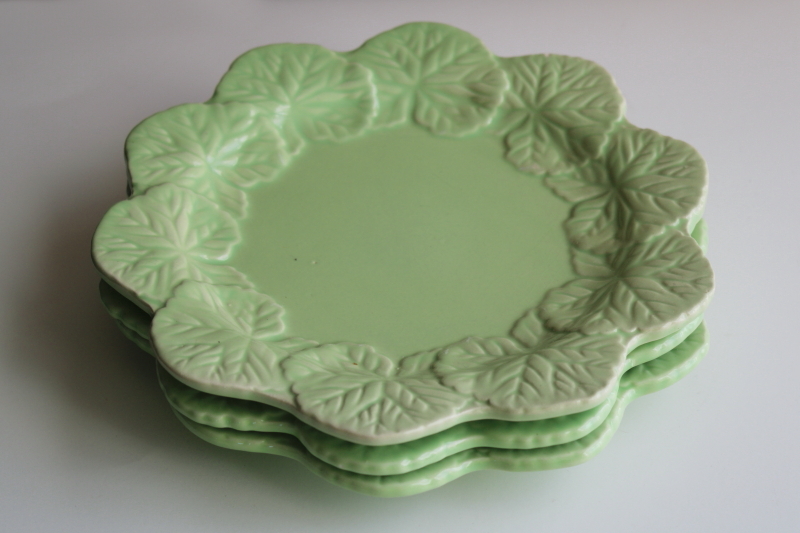 set of 12 geranium leaf pattern plates pastel pink, green, aqua, lavender Bordallo Pinheiro style