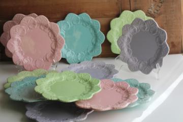 set of 12 geranium leaf pattern plates pastel pink, green, aqua, lavender Bordallo Pinheiro style