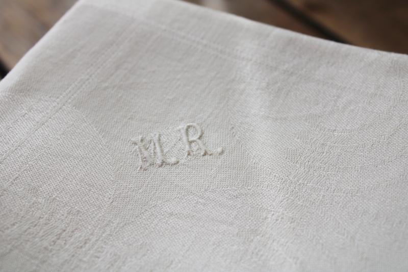 set of 12 large dinner napkins, art deco vintage pure linen damask w/ embroidered monogram