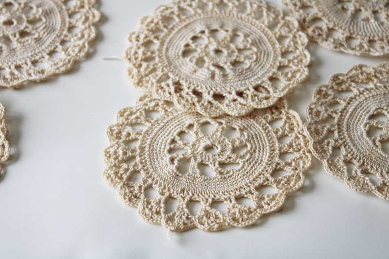 set of 12 vintage lace goblet rounds, mini doilies cotton crochet scalloped flower motifs