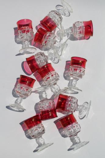 set of 12 vintage wine glasses, King's Crown pattern glass w/ ruby band, red flashed color