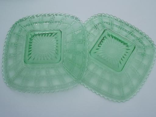set of 6 Imperial beaded block  glass plates, vintage green depression glass