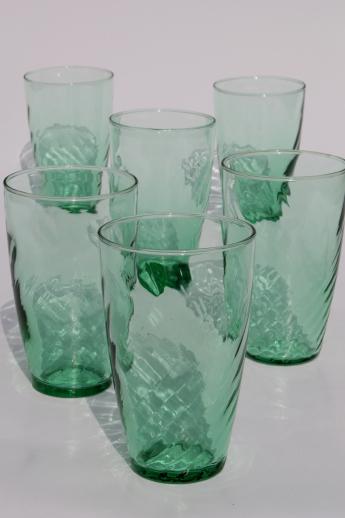 set of 6 green glass drinking glasses, optic swirl pattern vintage Libbey tumblers