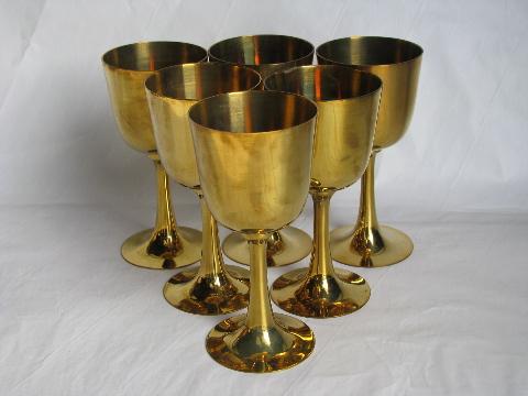 set of 6 solid brass goblets, medieval gothic renaissance style vintage wine glasses