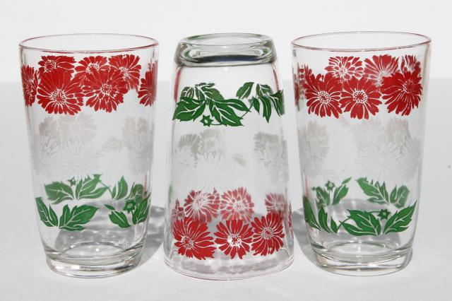 set of 6 vintage swanky swig juice glasses w/ red & white flowers, green leaves