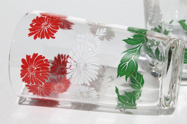 set of 6 vintage swanky swig juice glasses w/ red & white flowers, green leaves