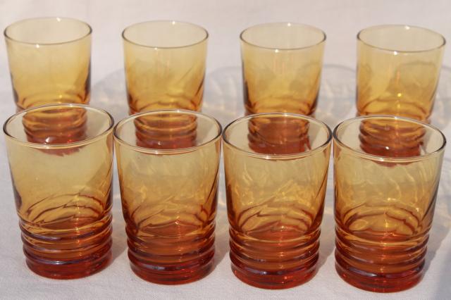 set of 8 amber glass drinking glasses, retro tumblers / bar glasses 60s vintage