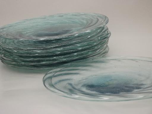set of 8 pale bottle green glass plates, vintage hand-blown Mexican glass