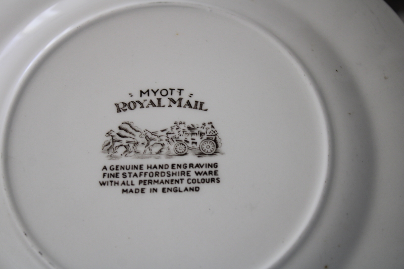 set of 8 vintage Myott England Royal Mail brown transferware white china salad plates