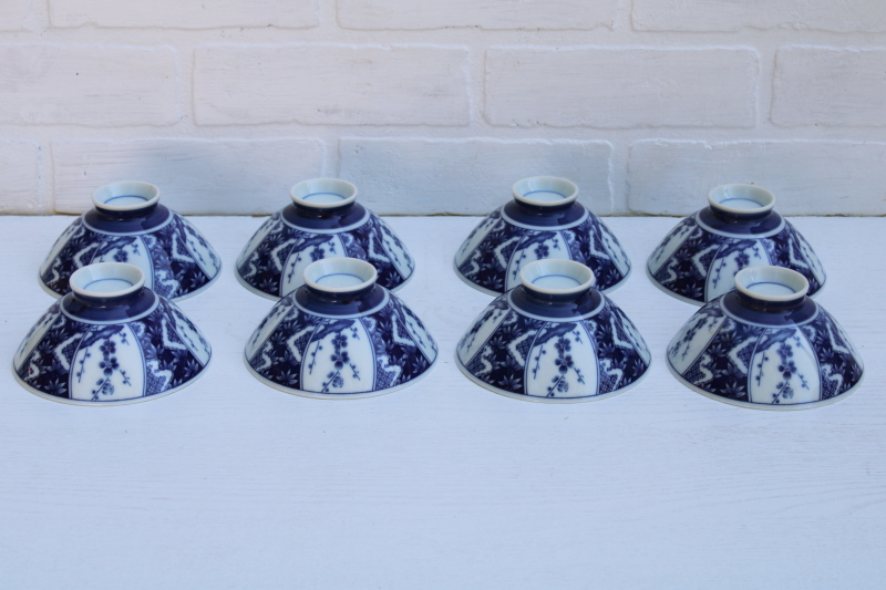 set of 8 vintage blue white porcelain rice or noodle bowls, cherry plum blossom flowering branch