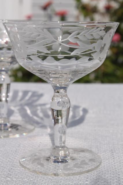 set of 8 vintage coupe champagnes, crystal clear etched cut glass champagne saucers