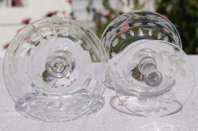 set of 8 vintage coupe champagnes, crystal clear etched cut glass champagne saucers