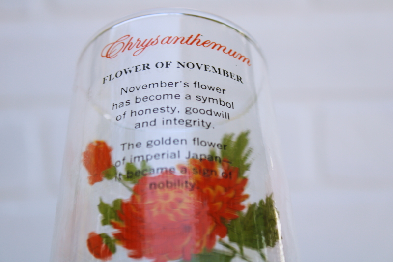 set of four November Chrysanthemum print tumblers, vintage Brockway glass Flower of the Month series