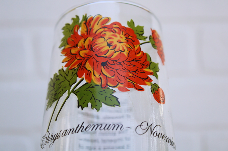 set of four November Chrysanthemum print tumblers, vintage Brockway glass Flower of the Month series