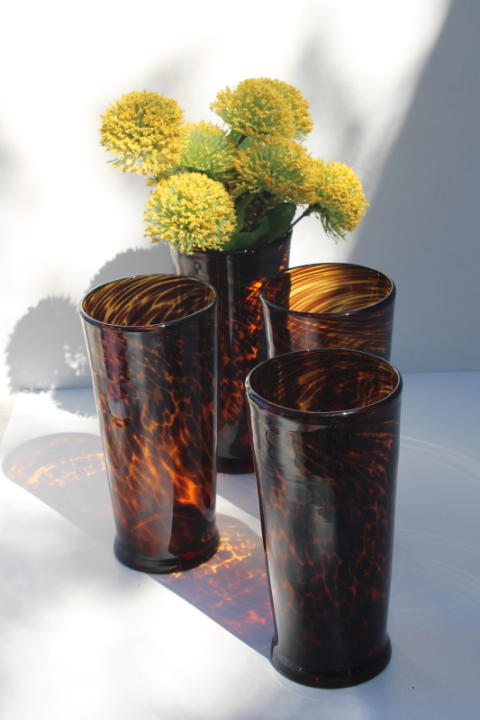 set of four hand blown tortoise glass drinking glasses, big tall tumblers