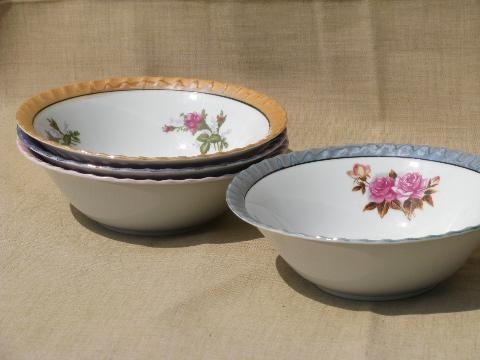 set of four large bowls w/ colored luster bands, vintage Japan china