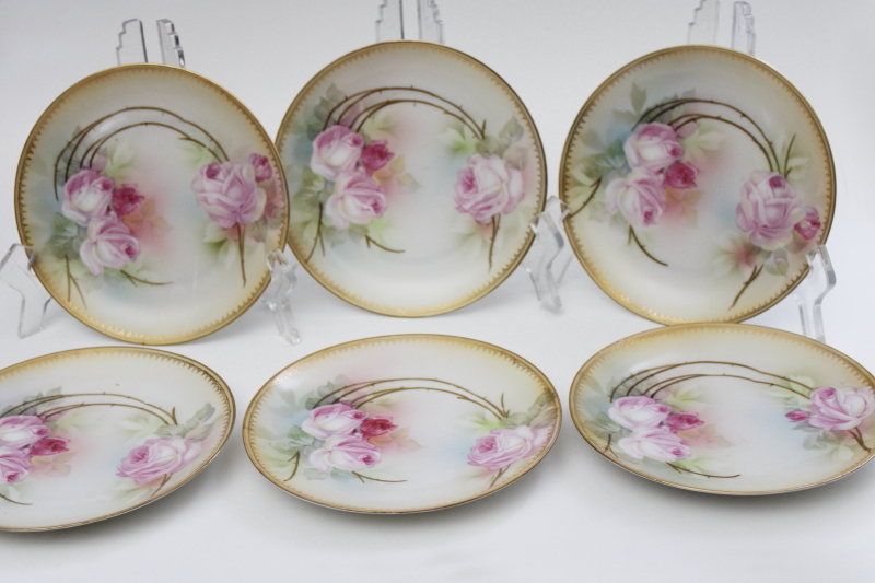 set of six antique RS Germany china dessert plates w/ pink roses, early 1900s vintage