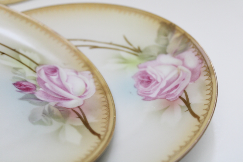 set of six antique RS Germany china dessert plates w/ pink roses, early 1900s vintage
