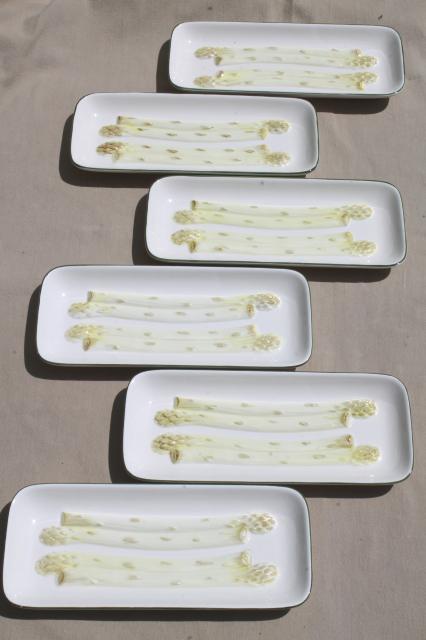 set of six majolica style ceramic asparagus plates, vintage Japan 