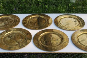 set of six vintage solid brass chargers, large plates 11 and 3 quarters diameter heavy brass under plate trays