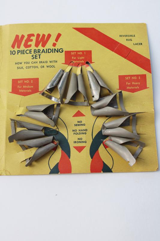 set of tools for braiding rugs, braid aid metal cones for light, medium, heavy fabric