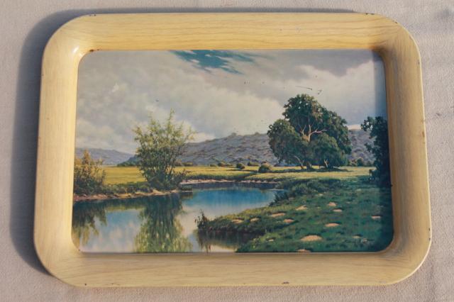 set of vintage metal trays w/ Frederick Ogden landscape scene art prints