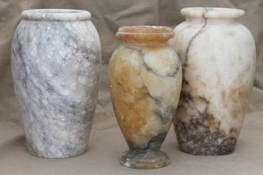 shabby Italian marble & alabaster vases, vintage carved stone urns made in Italy