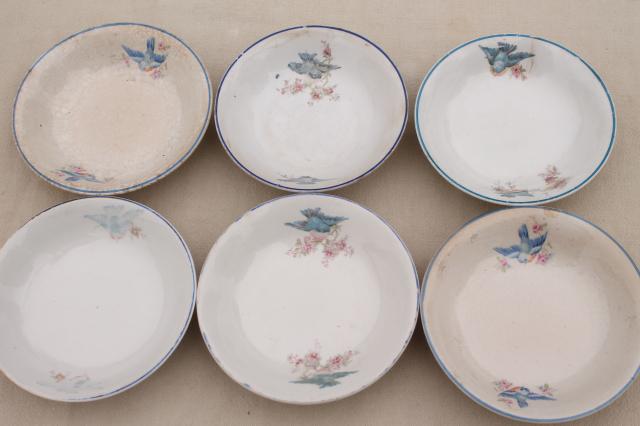 shabby antique bluebird china berry bowls, mismatched vintage china w/ blue birds