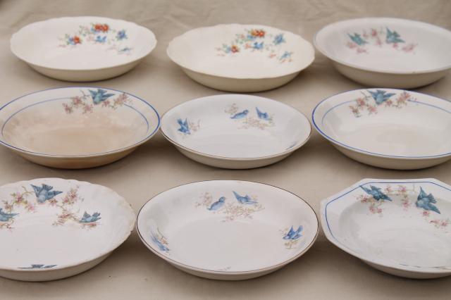 shabby antique bluebird china bowls, mismatched vintage china w/ blue birds