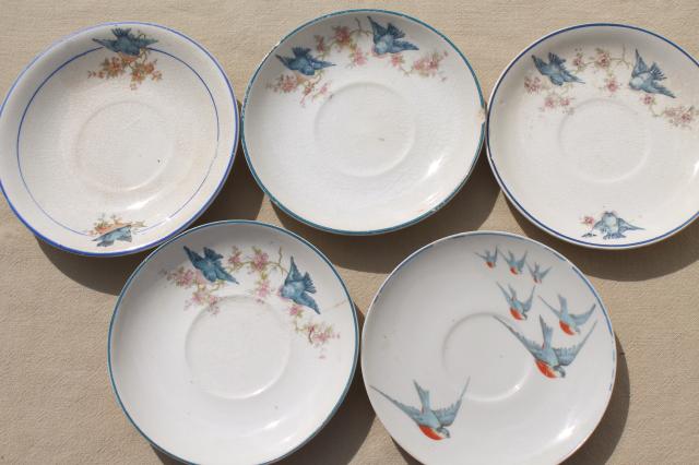 shabby antique bluebird china cups & saucers, mismatched vintage china w/ blue birds