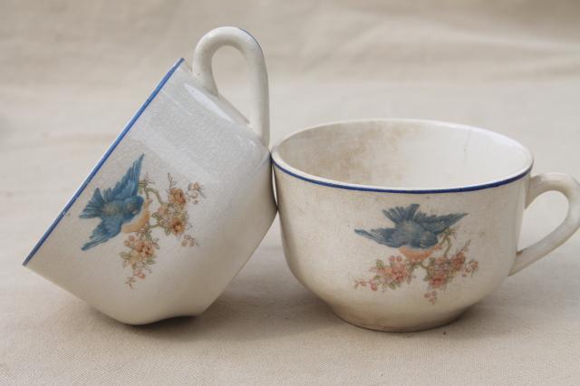shabby antique bluebird china cups & saucers, mismatched vintage china w/ blue birds