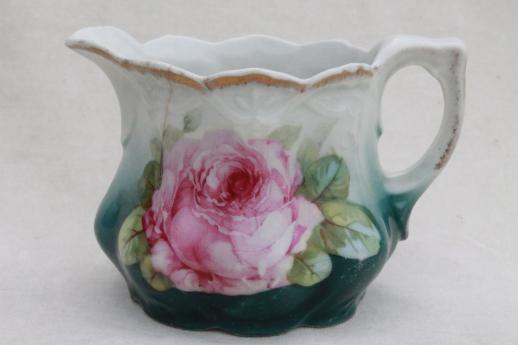 shabby antique china cream & sugar set w/ pink on green cabbage rose floral
