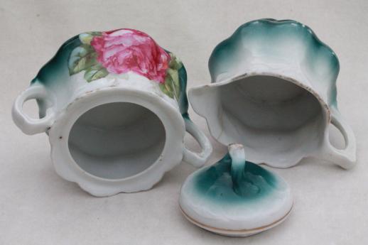 shabby antique china cream & sugar set w/ pink on green cabbage rose floral