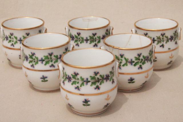 shabby antique china pots de creme or egg coddler cups, painted porcelain cups & tray