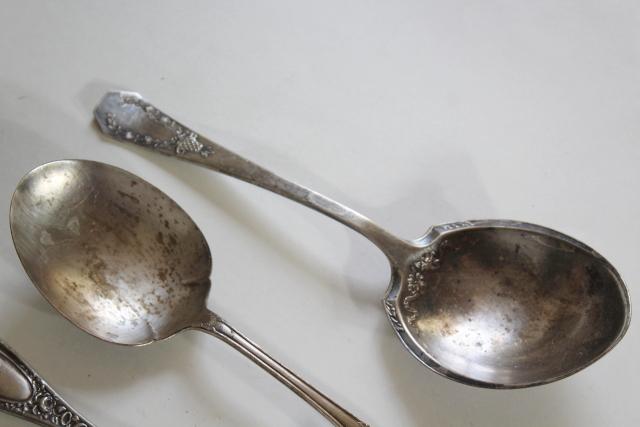 shabby antique silver, large ornate berry scoop serving spoons, vintage silverplate flatware