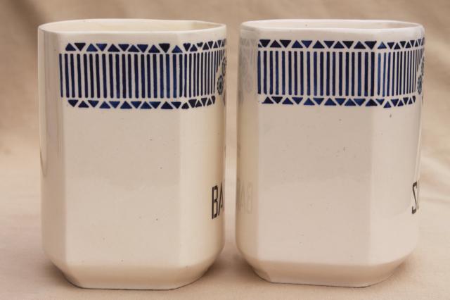 shabby antique vintage blue & white china canister jars, kitchen pantry canisters