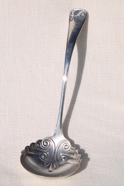 shabby antique vintage silver soup ladle or serving spoon, tarnished silverplate w/ monogram