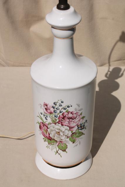 shabby chic cottage roses floral white china table lamp, vintage boudoir lamp